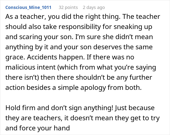 Comment discussing a teacher scaring a student and the consequences faced, with a focus on responsibility and suspension. Comment discussing a teacher scaring a student and the consequences faced, with a focus on responsibility and suspension.
