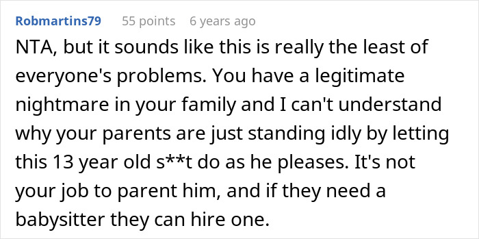 Alt text: Screenshot of a comment discussing a woman’s teen brother being a nightmare and parents expecting babysitting help. Alt text: Screenshot of a comment discussing a woman’s teen brother being a nightmare and parents expecting babysitting help.
