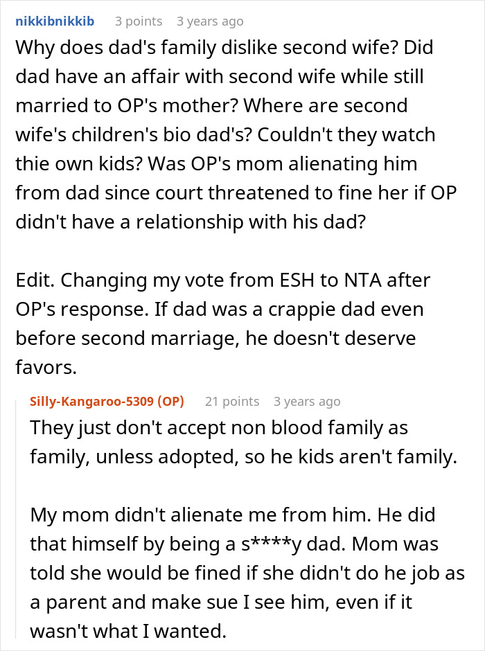 Reddit discussion about refusing babysit stepsiblings due to family tensions and non-blood relationships in blended families.