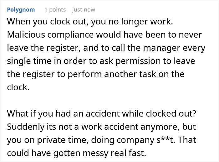 Employee maliciously complies with boss demanding clock out for every break, causing unexpected workplace issues and regrets.