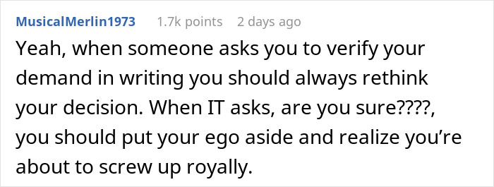 Screenshot of a forum comment about server down issues during business hours and IT malicious compliance risks. Screenshot of a forum comment about server down issues during business hours and IT malicious compliance risks.