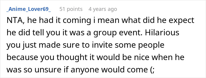 Comment from a user sharing a petty response to a creepy coworker about a group event invitation. Comment from a user sharing a petty response to a creepy coworker about a group event invitation.