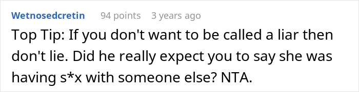 Comment discussing a shallow man lying about his wife cheating to cover her weight gain and getting mad when exposed. Comment discussing a shallow man lying about his wife cheating to cover her weight gain and getting mad when exposed.