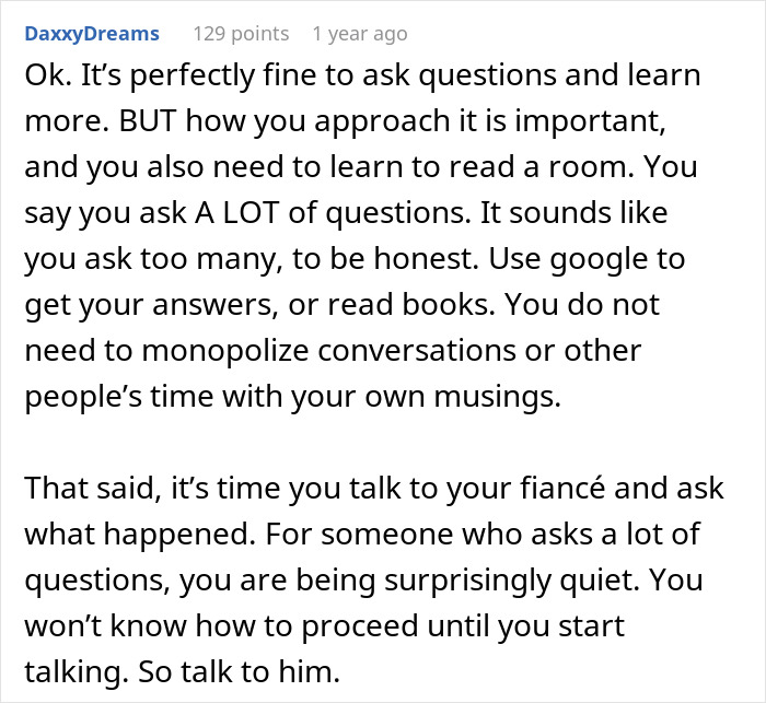 Reddit comment advising a bride-to-be to communicate with her fiancé after being called stupid by her future mother-in-law. Reddit comment advising a bride-to-be to communicate with her fiancé after being called stupid by her future mother-in-law.