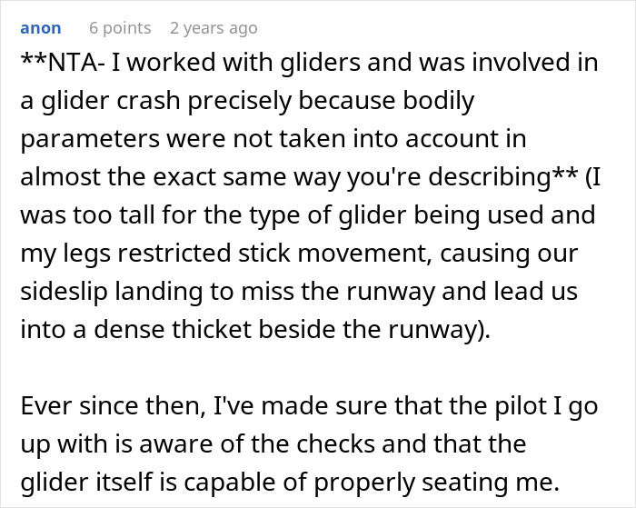 Screenshot of a discussion about glider safety and the importance of considering body size in flying, related to family drama involving plane refusal. Screenshot of a discussion about glider safety and the importance of considering body size in flying, related to family drama involving plane refusal.