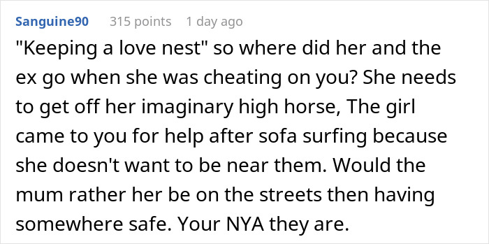 Comment discussing a furious mom upset about ex allowing stepdaughter to date and have a love nest against bio-dad’s wishes. Comment discussing a furious mom upset about ex allowing stepdaughter to date and have a love nest against bio-dad’s wishes.