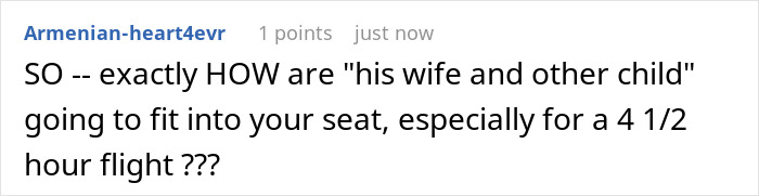 Commenter questioning how family will fit into passenger’s paid seat during flight, highlighting dramatic travel dispute over seat swap refusal. Commenter questioning how family will fit into passenger’s paid seat during flight, highlighting dramatic travel dispute over seat swap refusal.