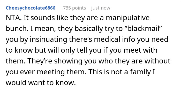 Screenshot of a Reddit comment discussing a man’s birth family tracking him down and their manipulative behavior. Screenshot of a Reddit comment discussing a man’s birth family tracking him down and their manipulative behavior.