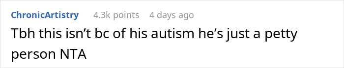 Screenshot of a Reddit comment discussing petty behavior unrelated to autism in refusing to watch an autistic friend's show. Screenshot of a Reddit comment discussing petty behavior unrelated to autism in refusing to watch an autistic friend's show.