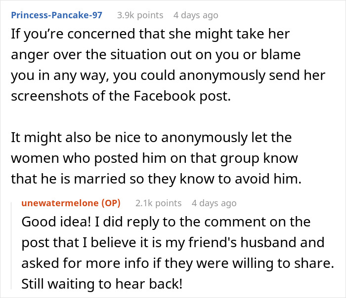 Online conversation about friends husband dating the same guy, discussing anonymous warnings and sharing information. Online conversation about friends husband dating the same guy, discussing anonymous warnings and sharing information.