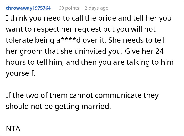 Text conversation discussing a bride banning groom from wedding after a secret kiss at bachelor party. Text conversation discussing a bride banning groom from wedding after a secret kiss at bachelor party.