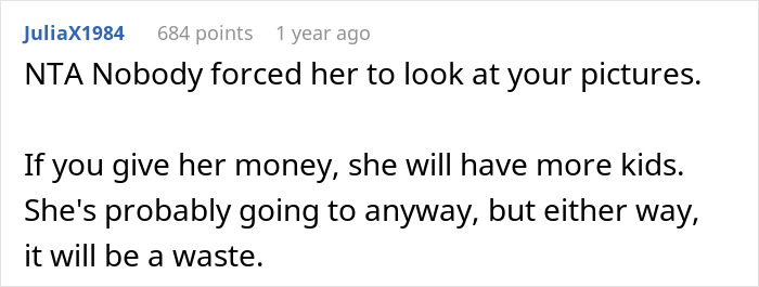 Screenshot of an online comment discussing a woman rejecting sister’s hints for money amid family struggles and Ibiza photos.