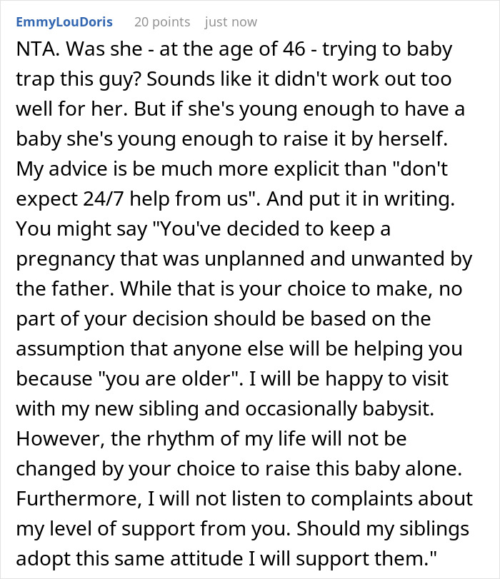 Comment discussing a 46-year-old getting pregnant and adult kids not providing 24/7 help with childcare responsibilities. Comment discussing a 46-year-old getting pregnant and adult kids not providing 24/7 help with childcare responsibilities.