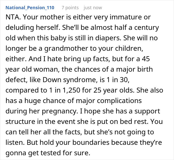 Comment discussing risks of pregnancy for older women and adult kids expected to provide care support. Comment discussing risks of pregnancy for older women and adult kids expected to provide care support.