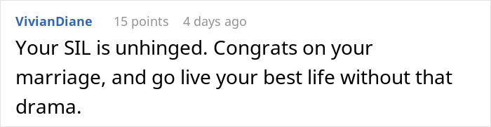 Screenshot of an online comment discussing a woman pretending to be the bride at her sister-in-law’s wedding. Screenshot of an online comment discussing a woman pretending to be the bride at her sister-in-law’s wedding.