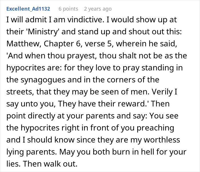 Comment text on a forum discussing being forced to raise younger siblings by parents who later turned against him.