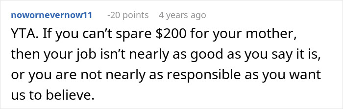 Online comment criticizing a sibling who refuses support, highlighting lack of responsibility in caring for mother. Online comment criticizing a sibling who refuses support, highlighting lack of responsibility in caring for mother.
