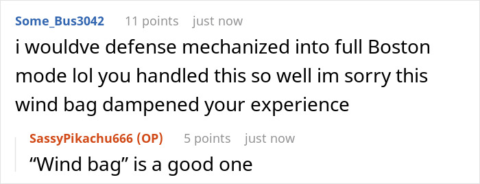 Reddit user reacts to woman’s first class flight experience disrupted by rude old man with witty comeback mentioning wind bag. Reddit user reacts to woman’s first class flight experience disrupted by rude old man with witty comeback mentioning wind bag.