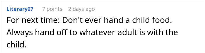 Comment warning about not handing food directly to a kid with nut allergy to avoid risks.