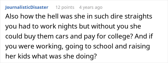 Screenshot of a forum comment discussing take care siblings refusing support from their mother in a family conflict. Screenshot of a forum comment discussing take care siblings refusing support from their mother in a family conflict.