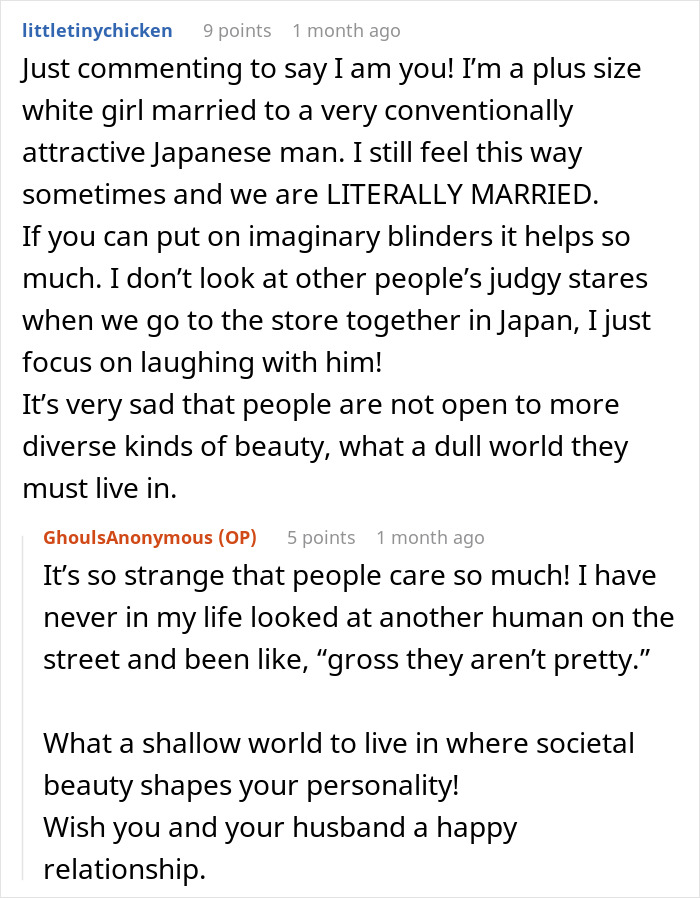 Alt text: Reddit conversation about a woman feeling devastated after friends say her model boyfriend is out of her league. Alt text: Reddit conversation about a woman feeling devastated after friends say her model boyfriend is out of her league.