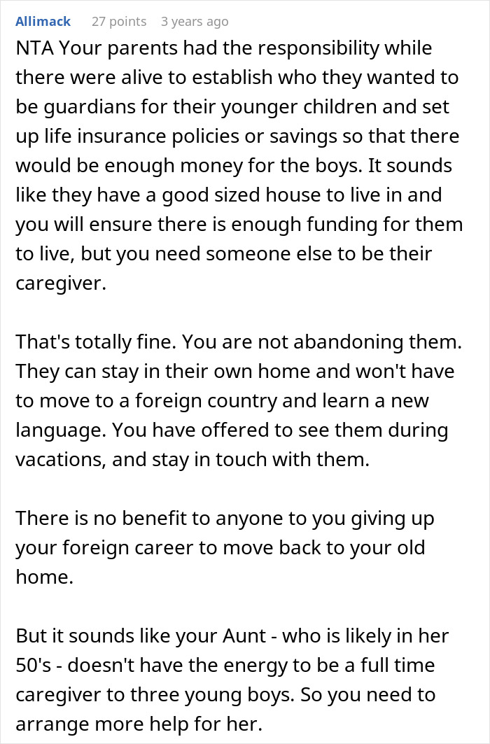 Comment discussing sibling adoption responsibilities and caregiving for unwanted siblings after parents' death. Comment discussing sibling adoption responsibilities and caregiving for unwanted siblings after parents' death.