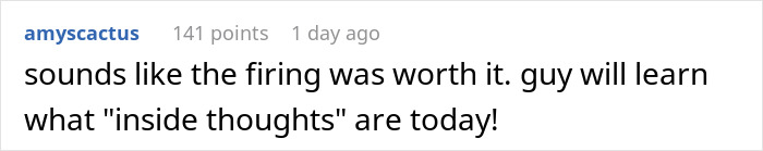 Comment on a post about an employee being fired immediately by CFO after a body-shaming incident. Comment on a post about an employee being fired immediately by CFO after a body-shaming incident.