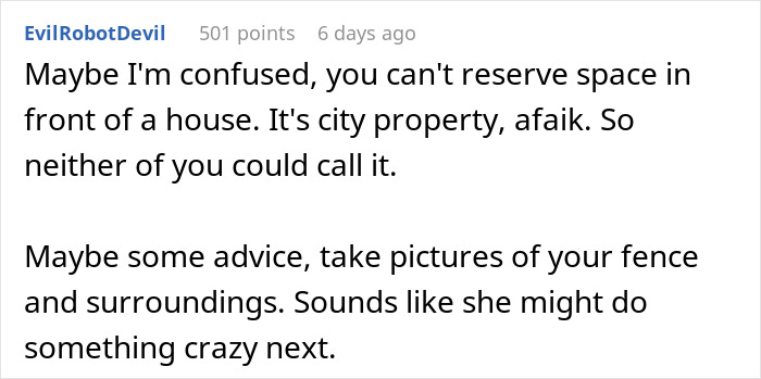 Comment discussing city property rules on parking and advising to take pictures due to neighbor upset over nanny parking front home. Comment discussing city property rules on parking and advising to take pictures due to neighbor upset over nanny parking front home.