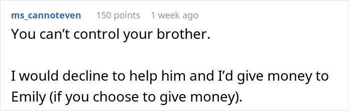 Screenshot of a Reddit comment discussing a man issuing an ultimatum to stepbrother about financial support for his pregnant girlfriend.