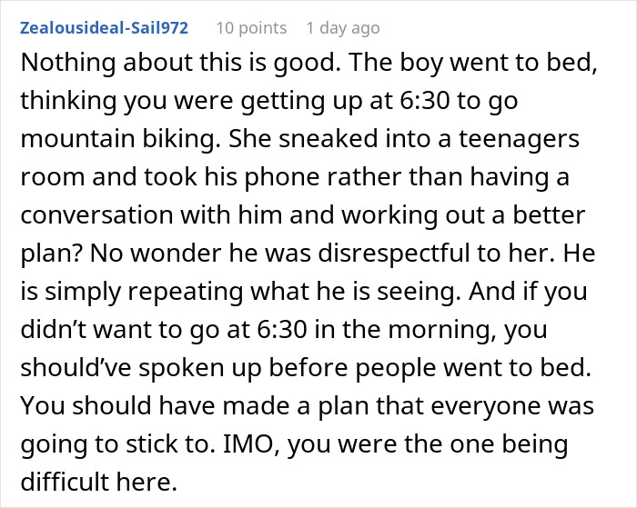 Comment text discussing a boy’s meltdown and a man walking out during a 6:30 a.m. mountain biking conflict. Comment text discussing a boy’s meltdown and a man walking out during a 6:30 a.m. mountain biking conflict.