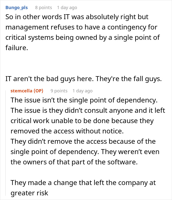 Screenshot of an online discussion where an engineer explains risks after HR revokes software access without notice. Screenshot of an online discussion where an engineer explains risks after HR revokes software access without notice.