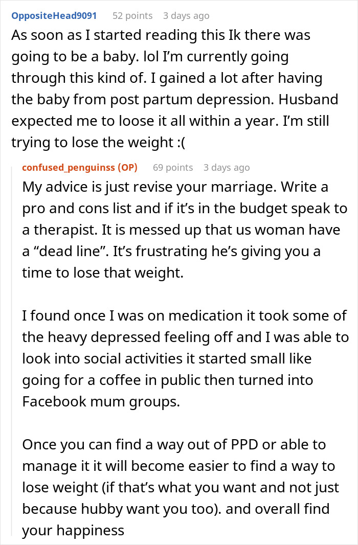 Screenshot of a forum conversation about postpartum depression and struggles with weight loss after pregnancy. Screenshot of a forum conversation about postpartum depression and struggles with weight loss after pregnancy.