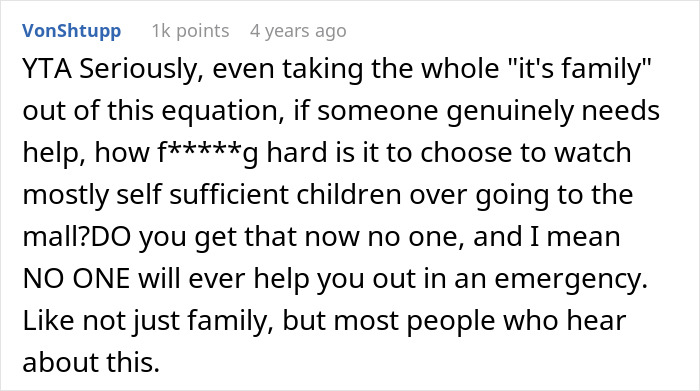 Screenshot of an online comment discussing refusing to look after brother’s children and its impact on family support. Screenshot of an online comment discussing refusing to look after brother’s children and its impact on family support.