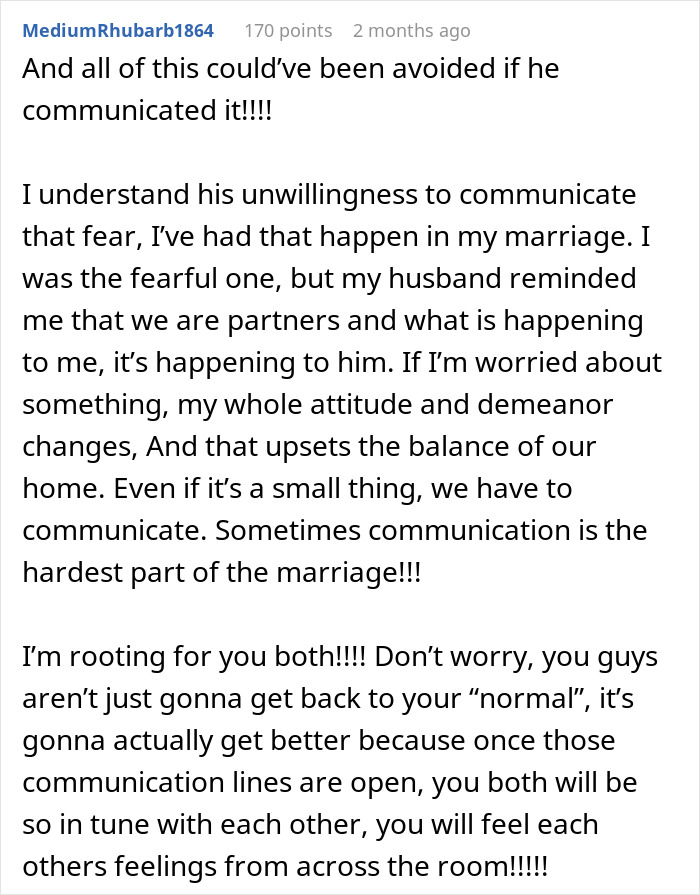 Commenter shares insights on communication challenges in marriage, addressing fears and emotional balance between partners. Commenter shares insights on communication challenges in marriage, addressing fears and emotional balance between partners.