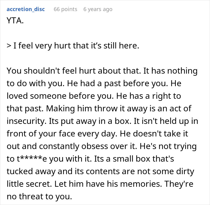 Comment discussing wife wanting man to toss ex-GF’s memory box but keep late ex-BF’s, highlighting hypocrisy and insecurity.