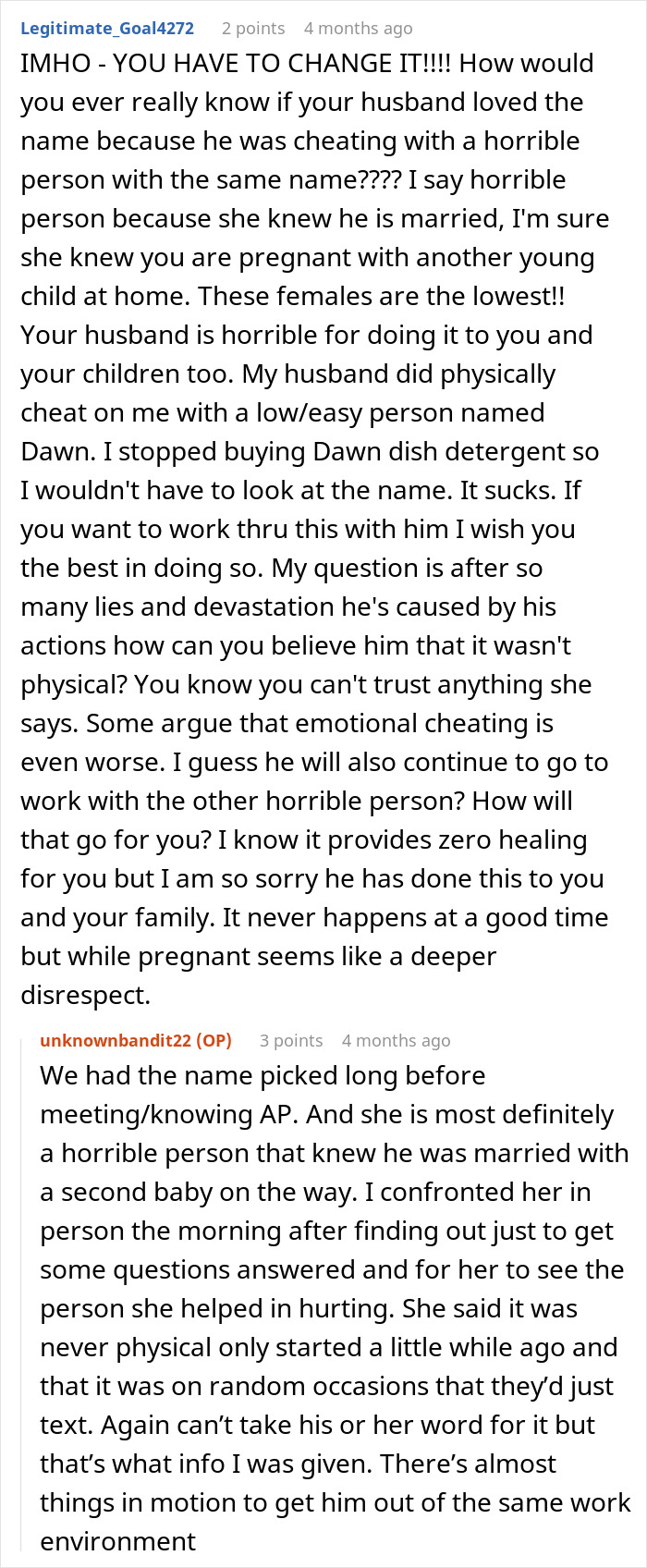 Text conversation discussing a pregnant wife discovering her husband's affair with a woman sharing her dream baby name. Text conversation discussing a pregnant wife discovering her husband's affair with a woman sharing her dream baby name.