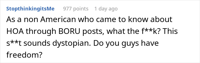 Comment expressing shock over HOA behavior and questioning freedom, related to siblings losing mom and HOA disputes.
