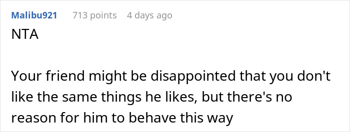 Comment on a forum stating a friend might be disappointed but there's no excuse for bad behavior over show preferences. Comment on a forum stating a friend might be disappointed but there's no excuse for bad behavior over show preferences.