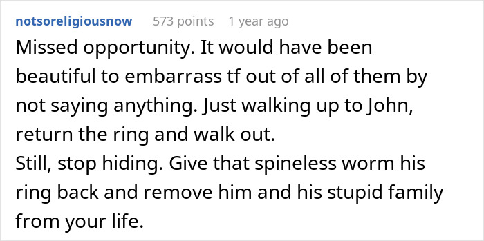 Comment criticizing future MIL brands bride-to-be stupid, advising to return ring and cut off toxic family. Comment criticizing future MIL brands bride-to-be stupid, advising to return ring and cut off toxic family.
