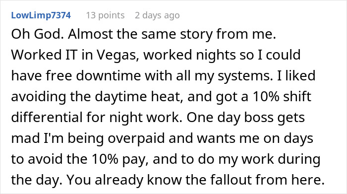 Reddit comment describing server down during business hours and a story of malicious compliance in IT night shift work. Reddit comment describing server down during business hours and a story of malicious compliance in IT night shift work.