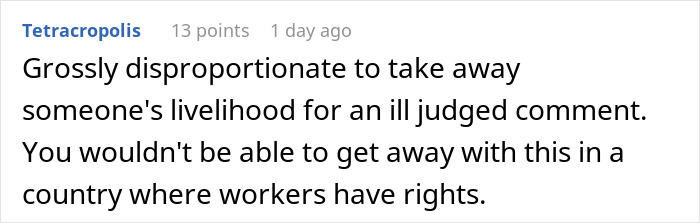 Screenshot of a social media comment criticizing immediate termination after a body-shaming comment by a CFO. Screenshot of a social media comment criticizing immediate termination after a body-shaming comment by a CFO.