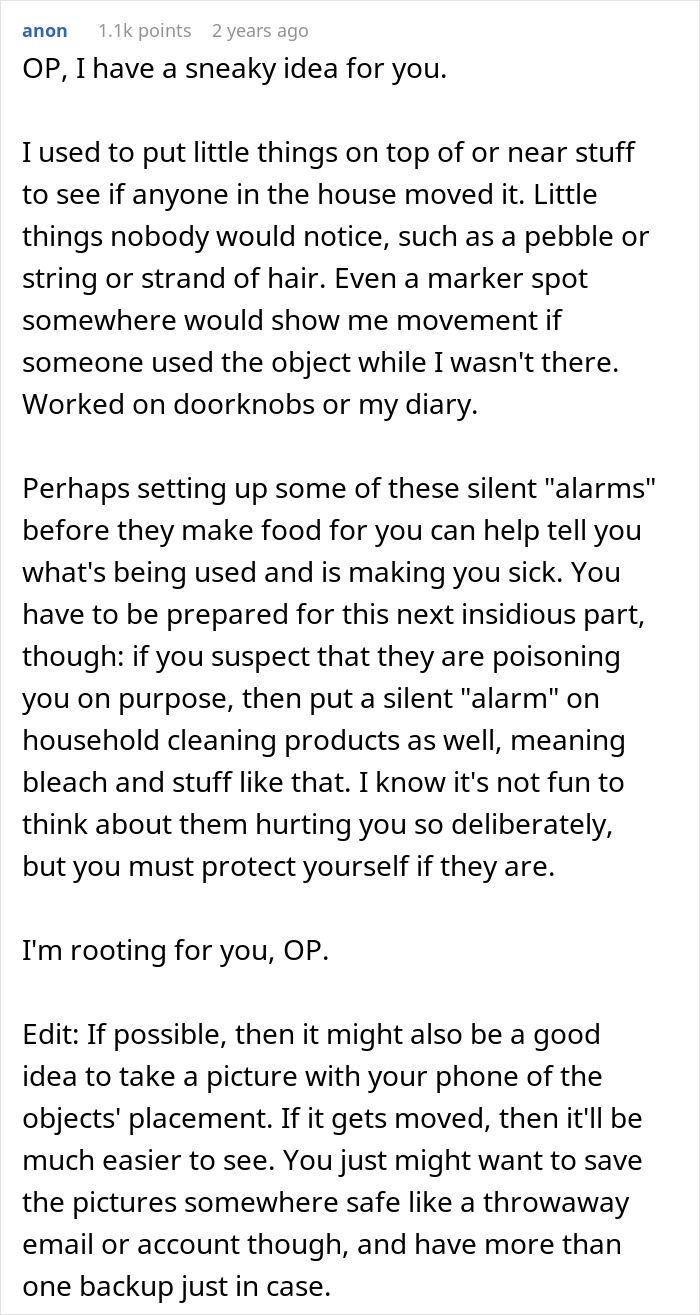 Text advice on setting silent alarms to detect if parents' food is poisoning daughter causing sickness and worry.