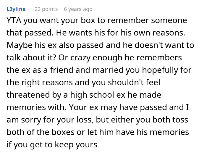 Screenshot of an online forum discussing wife wanting man to toss ex-GF’s memory box but keep late ex-BF’s.