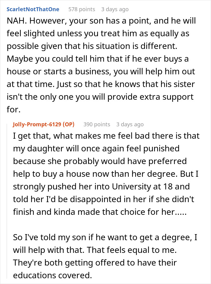Screenshot of a Reddit conversation discussing paying off daughter student loans and balancing support between siblings. Screenshot of a Reddit conversation discussing paying off daughter student loans and balancing support between siblings.