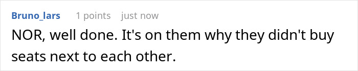 Comment thread showing a user discussing a family eyes passenger's paid seat and the refusal to swap seats on a journey. Comment thread showing a user discussing a family eyes passenger's paid seat and the refusal to swap seats on a journey.