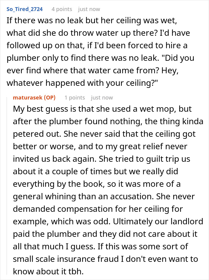 Reddit conversation discussing a wet ceiling incident and possible nosy neighbor trauma over plumbing concerns. Reddit conversation discussing a wet ceiling incident and possible nosy neighbor trauma over plumbing concerns.