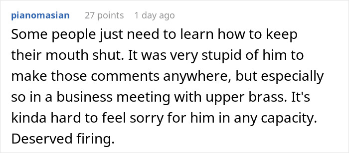 Commenter criticizing employee's body-shaming remark leading to immediate termination by CFO in a business meeting. Commenter criticizing employee's body-shaming remark leading to immediate termination by CFO in a business meeting.