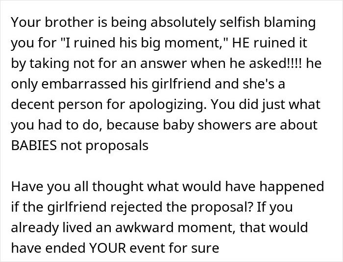 Alt text: Woman firmly shutting down brother’s marriage proposal at her baby shower, emphasizing focus on babies not proposals. Alt text: Woman firmly shutting down brother’s marriage proposal at her baby shower, emphasizing focus on babies not proposals.