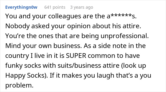 Comment criticizing workplace harassment over mocking colorful socks, with a call to mind professionalism and HR involvement.