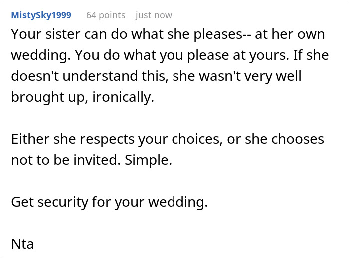 Comment on bride refusing mom's hubby to walk her down aisle, sister causing family conflict before wedding.